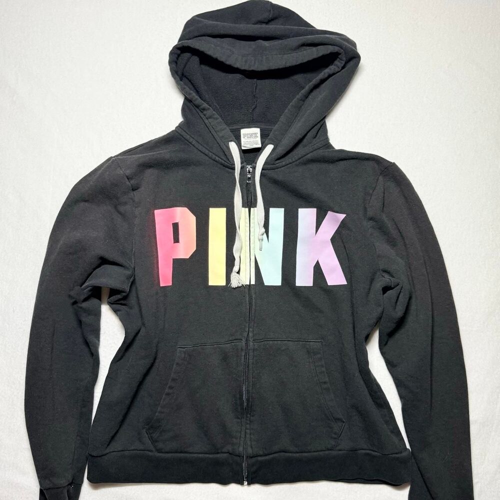 Y2K inspired VS Pink campus fleece full zip black hoodie jacket with rainbow